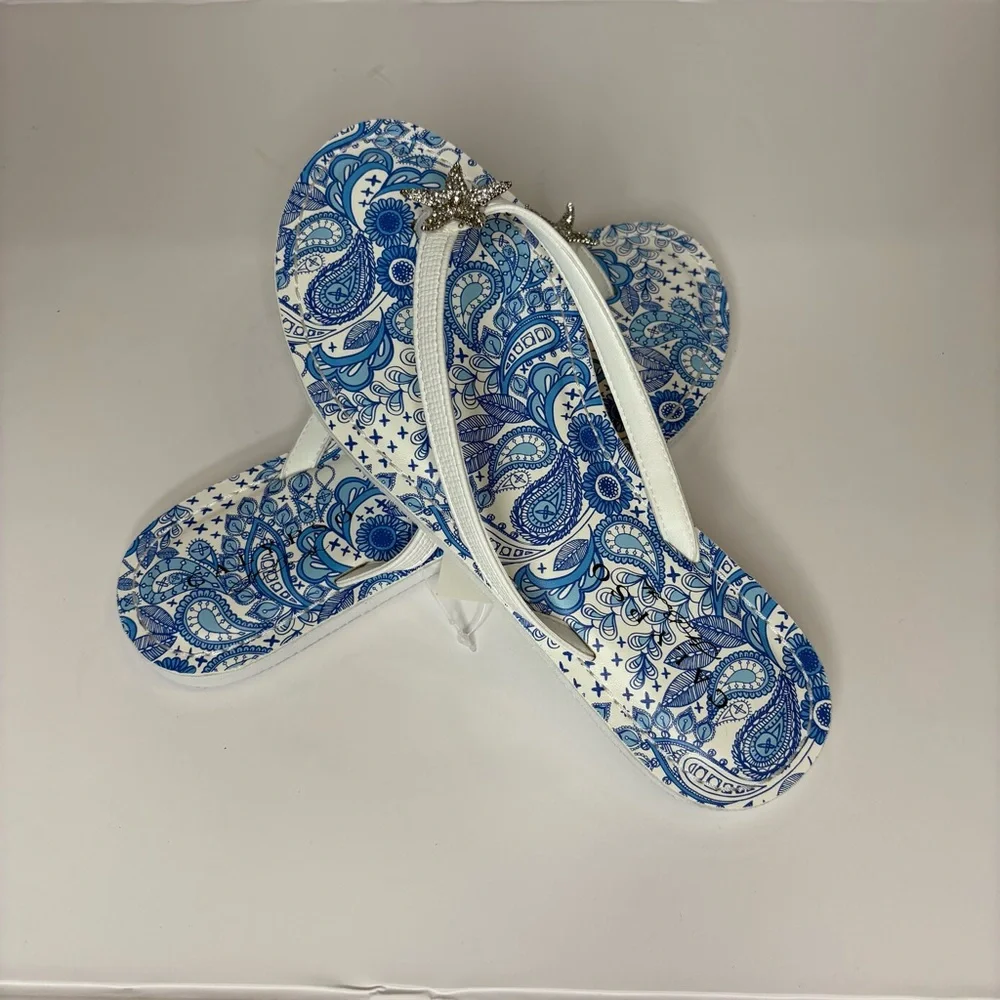 Calypso Flip Flops Women's 8 Blue White Mariner Rhinestone‎ Starfish Sandals NWT